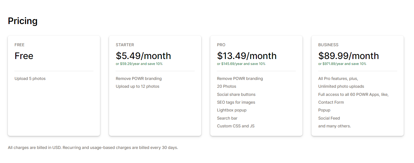 POWR: Photo Gallery | Lookbook pricing plan